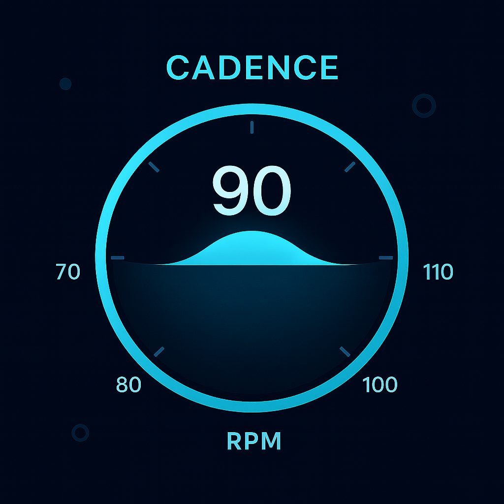 Cadence and RPM gauge showing 90 RPM target