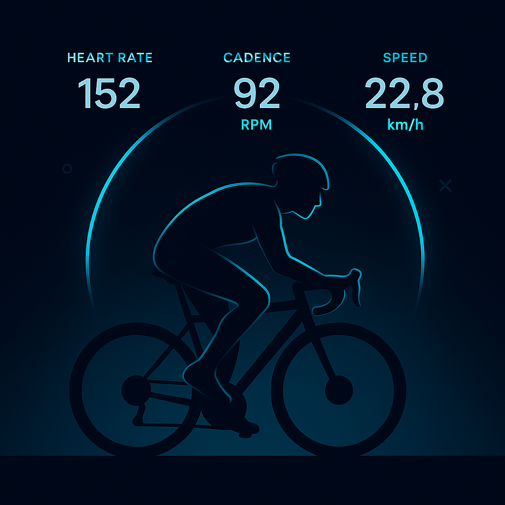 Cycling dashboard hero showing rider silhouette with metrics